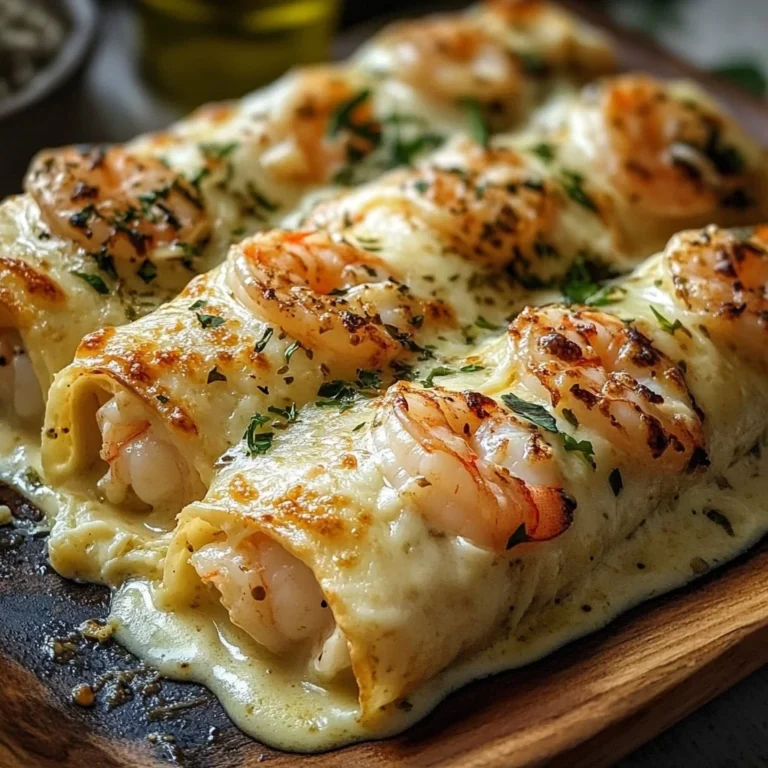 Cheesy Shrimp Alfredo Roll-Ups with creamy sauce and shrimp filling