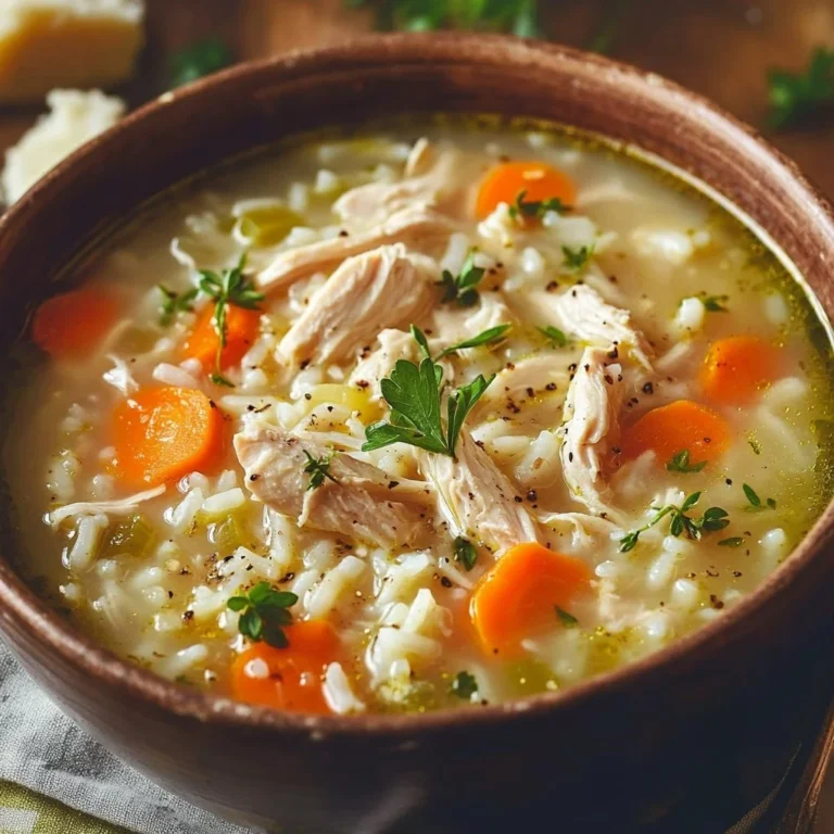 A bowl of homemade Chicken Rice Soup garnished with herbs and vegetables