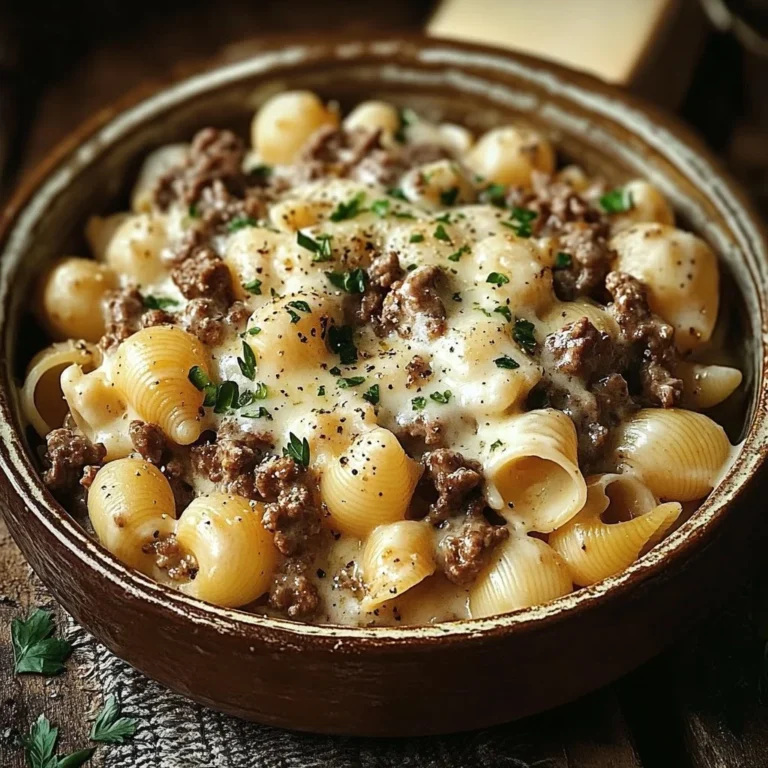 A delicious plate of creamy beef and shells pasta topped with cheese.