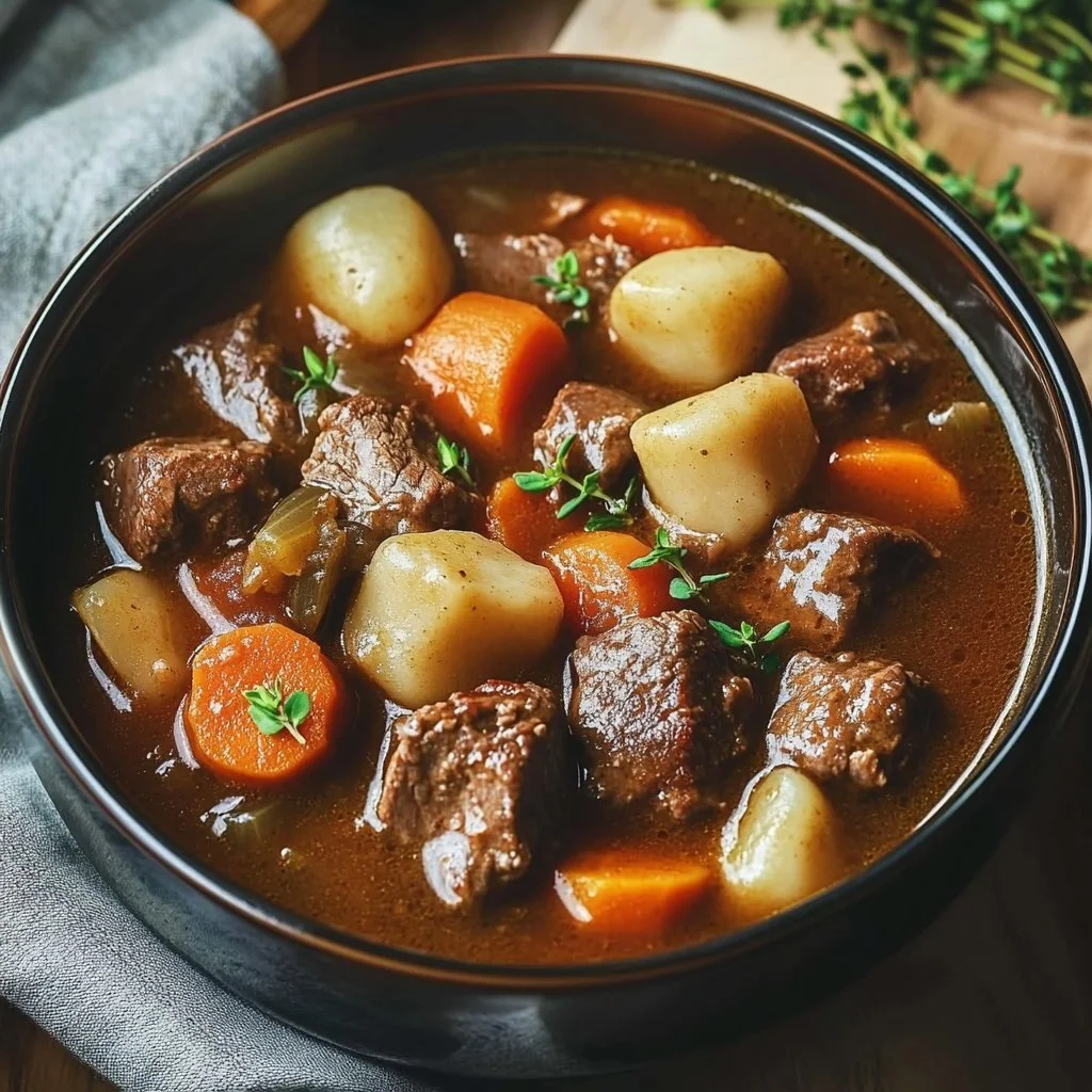 A bowl of hearty crockpot beef stew with vegetables and tender meat