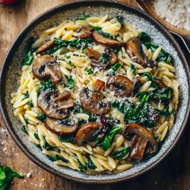 Delicious Garlic Butter Orzo with Mushrooms and Spinach served in a bowl