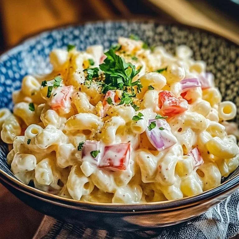 Delicious macaroni salad in a bowl with colorful vegetables