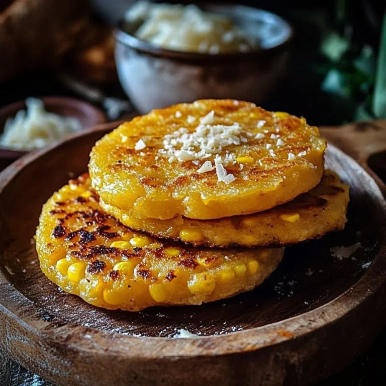 Venezuelan sweet corn cachapas topped with melty cheese on a plate